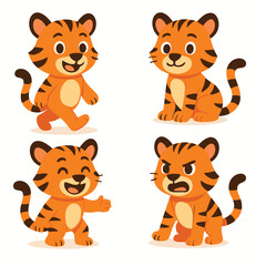 Four Cartoon Tiger Cubs Displaying Different Emotions and Actions on White Background
