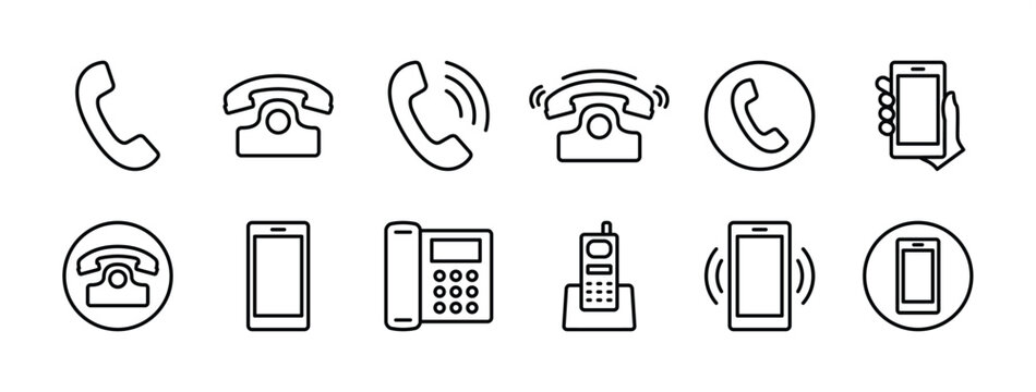 Phone icon set. Contains telephone button, ringing, smartphone, mobile device, call, cell phone, contact, office phone, landline. Telecommunication or communication symbol. Vector illustration