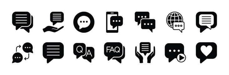 Chat, speech bubble icon vector set. Contains dialogue, message, discussion, talk, communication, comment, conversation, question and answer, FAQ, like button, recording, media social, doodle