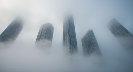 Towering modern skyscrapers emerge from dense, atmospheric fog on a cloudy day, creating a mysterious urban landscape.