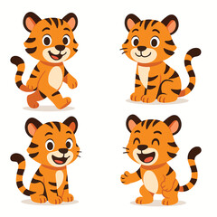 Four Cartoon Tiger Cubs in Different Poses on a White Background