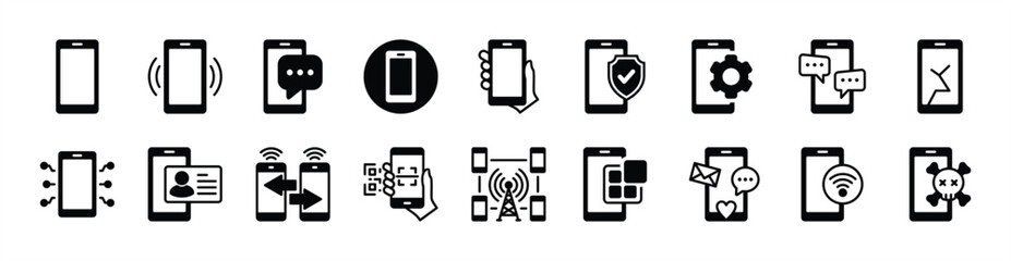 Smartphone, mobile phone device, cellular contact icon vector set. Contains ringing, message, security protection, settings, chat, technology, data transfer, network, app, social media, scan, broken
