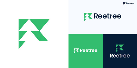 Letter R with geometric tree in negative space for nature logo icon design vector illustration, Symbol initial alphabet integrated with pine trees natural for environmental and brand identity business