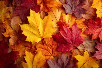 Vibrant Autumn Leaves Create a Stunning Fall Background, A close-up view of a large collection of autumn leaves, showcasing a rich mix of reds, oranges, and yellows.