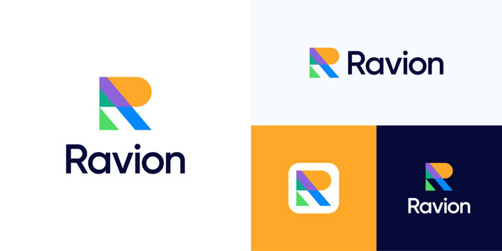 Letter R abstract geometric multicolor logo icon design vector illustration, Unique symbol initial alphabet sign with overlapping colorful minimalist style for technology and brand identity