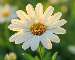 Fototapeta premium Close-up of a single, radiant white daisy, bathed in sunlight, with a vibrant yellow center, set against a soft, blurred background of greenery