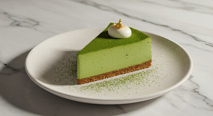 A slice of matcha green tea cheesecake on a white plate, beautifully presented on a marble surface.