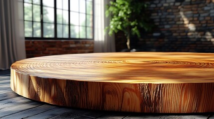 A circular wooden slab rests on a dark wooden floor.