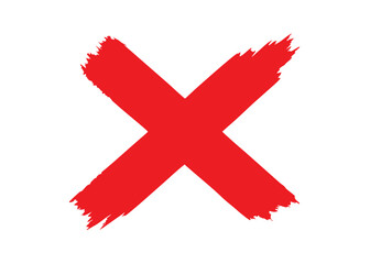 Bold red cross mark painted with a brush on a white background