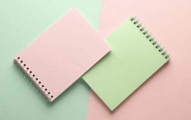 Two notebooks on green pink pastel background. Minimalism. Creative layout