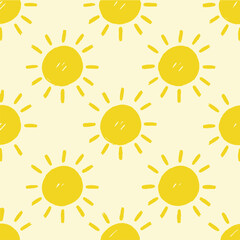 Seamless pattern with bright yellow suns. Simple cartoonish sun design. Orange and light yellow. Cheerful, sunny, and optimistic feel. For fabric textiles, wrapping paper, wallpaper. Bold and playful.