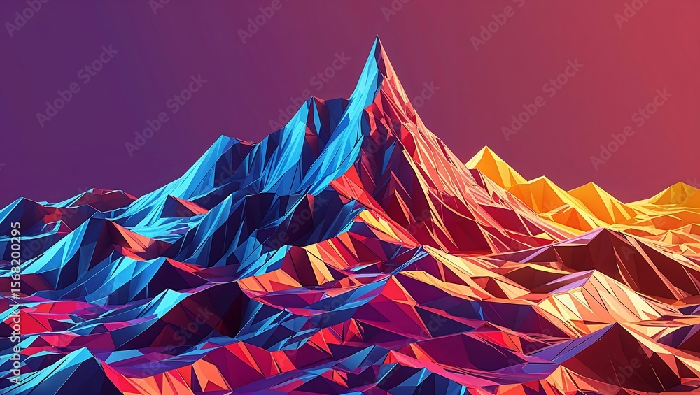 Poster geometric polygonal terrain in gradient lava colors, glossy vector landscape abstraction.