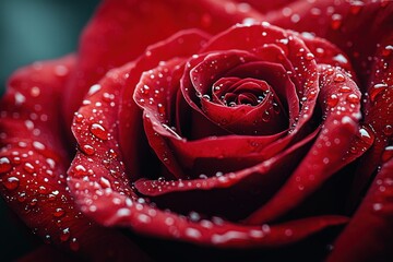 Close-up of a vibrant red rose covered in dew drops