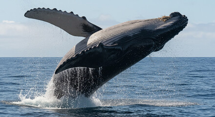 A magnificent marine mammal launches itself skyward from the ocean's , surrounded by sparkling water.