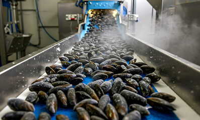 Chilean Mussel Flash-Freezing Line. IQF (Individual Quick Frozen) mussels moving on line stainless steel, cryogenic freezing tunnel creating perfect ice glaze