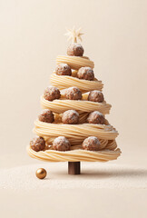 Pasta Spaghetti Weihnachtsbaum mit Fleischbällchen, Parmesan und Stern, isoliert auf beigem Hintergrund, Grußkarte und Einladung für Weihnachten