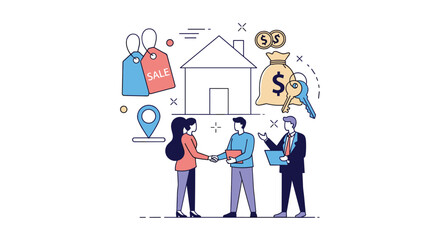 Real Estate Transaction Between Buyer Seller and Agent with House and Money Symbols