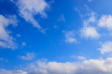 Beautiful Blue Sky with Fluffy White Clouds, bright sky, summer background, beautiful blue color, natural light.