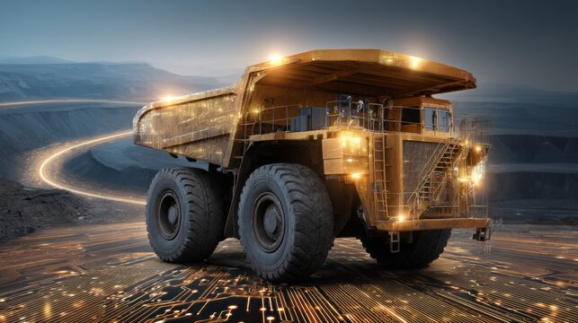 Golden mining truck in a coal mine