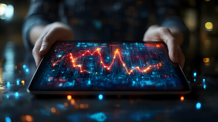 Low poly wireframe of Business holding tablet and showing holographic graphs and stock market statistics