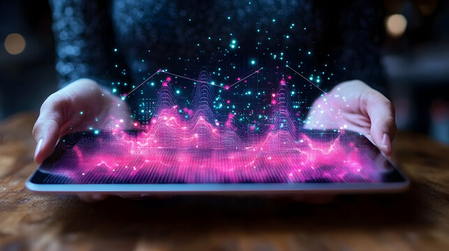 Low poly wireframe of Business holding tablet and showing holographic graphs and stock market statistics