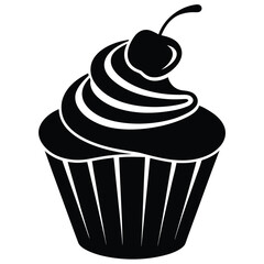 Stylized black silhouette of a cupcake with swirled frosting and cherry