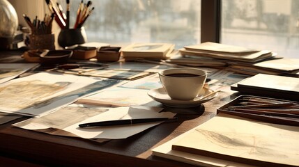 A cluttered artist's desk, filled with drawings, sketches, and supplies, with a cup of coffee. Sunlight streams in from a window, illuminating the workspace