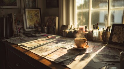 Sunlight streams into a creative workspace,  a cup of coffee steaming on a cluttered desk