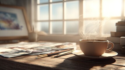 Warm coffee cup on artist's wooden desk near a window, bathed in sunlight.  Sketchbook, paints, and art supplies