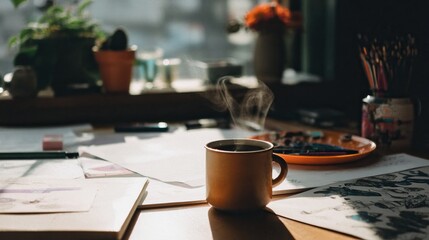 Cozy workspace with steaming coffee mug and art supplies