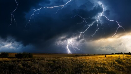 dramatic thunderstorm with dark clouds and vivid lightning illuminating the sky