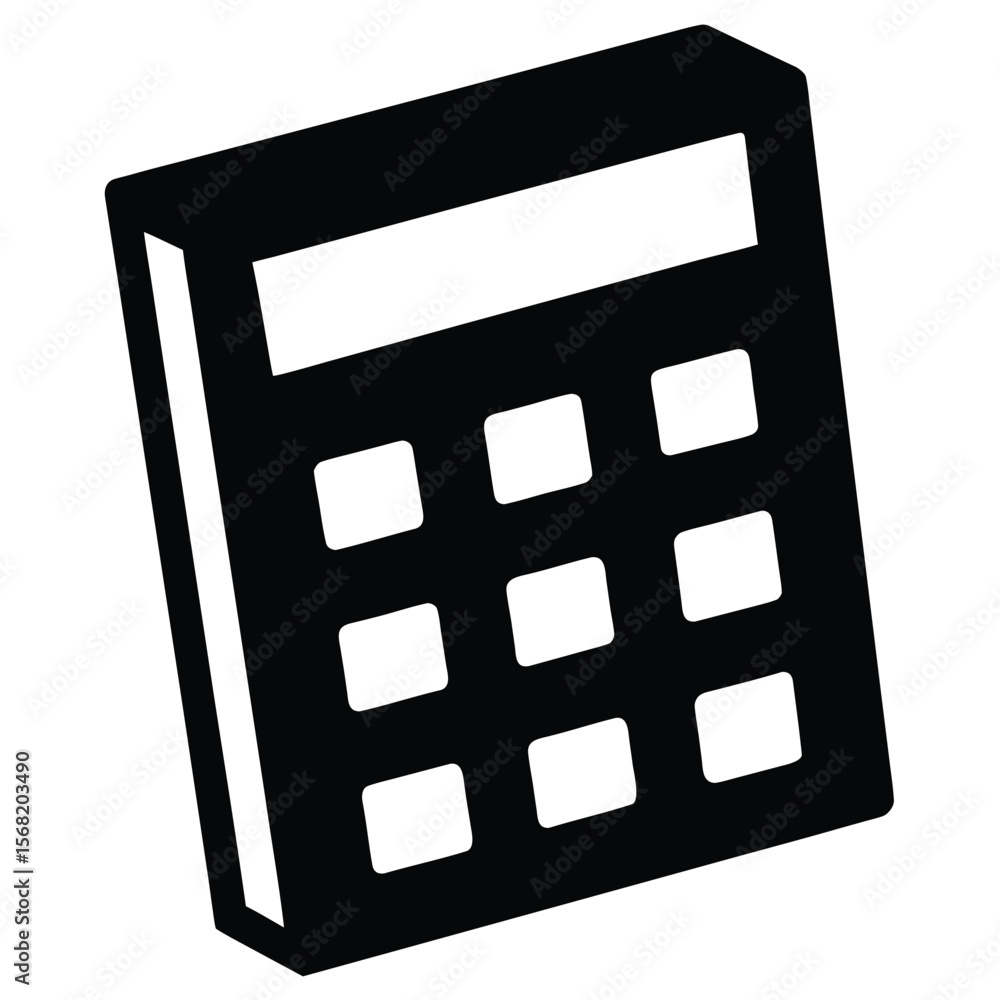 Poster simple black calculator icon with a digital display and keypad on white background