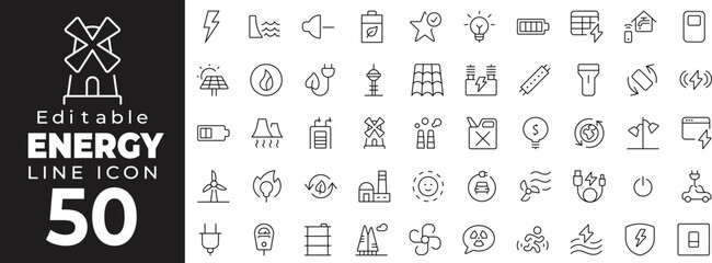 Editable stroke icon collection representing energy production, consumption, and sustainability. Includes icons of power plants, solar panels, wind turbines, battery, electricity
