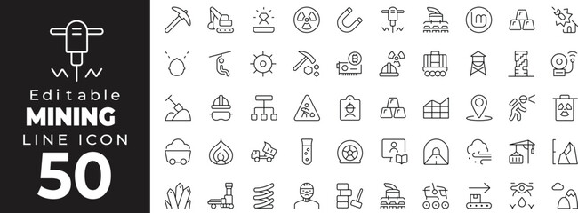 Editable stroke icon collection representing mining industry and extraction processes. Includes icons of pickaxe, miner helmet, drill, mining cart, excavator, minerals, cave entrance, safety gear