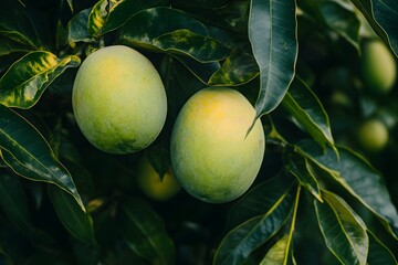 Two green mangoes growing on a lush tree