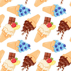 Blueberry, chocolate, strawberry, vanilla ice cream cone seamless pattern with melting creamy texture and berry on top in cartoon. Refreshing summer design for sweet theme, fruit concept.