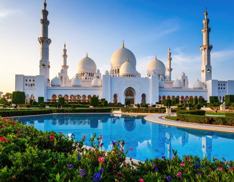 White mosque with reflection pool and gardens