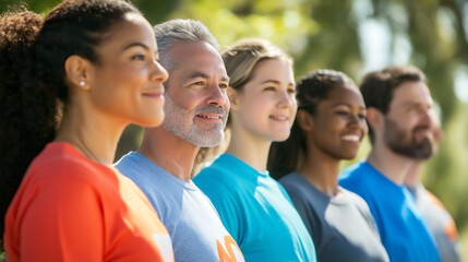 Diverse group of people smiling and standing together outdoors in casual attire during a sunny day