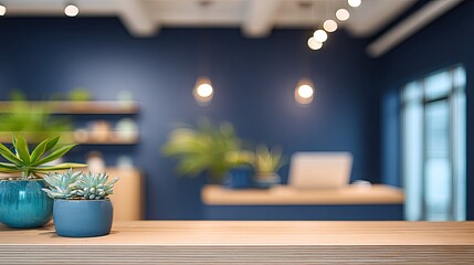 Obraz premium Blurred modern office reception desk, plants