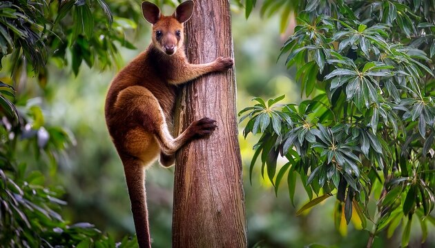a tree kangaroo climbs quietly through dense foliage