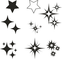 Black starburst icon with sparkles. simple shining star symbol isolated on white background. vector illustration of star set on white background.,