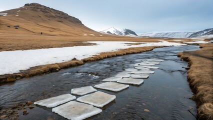 Stepping stones of ice float on a clear flowing river through a vast open landscape with snow dusted mountains in the distance