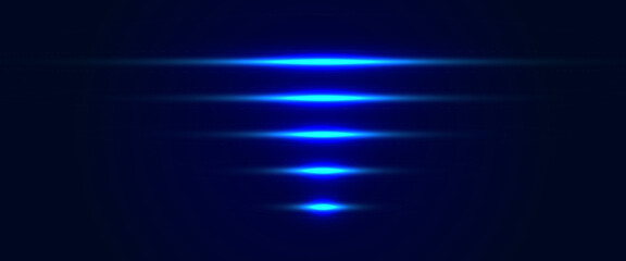 Laser lines of light. Horizontal neon light. Neon horizontal speed lines. Glowing stripes. Laser beams.