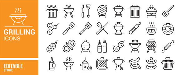 Clean Line Art Grilling Icons for BBQ, Cooking, and Outdoor Food Preparation