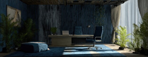 Dark, moody office space with wooden accents and plenty of greenery