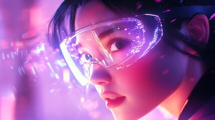 Close-up of a young woman, cyberpunk style, wearing futuristic glasses.  Vibrant neon hues envelop her, creating a surreal atmosphere