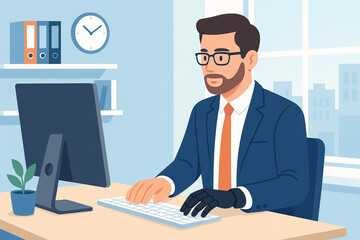 Fototapeta premium Flat vector illustration of professional man with prosthetic hand working on computer in modern office