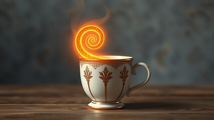 Vintage coffee cup with an infinite glowing spiral, symbolizing longevity and ritual.