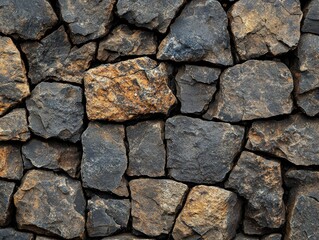 Fototapeta premium Close-up view of a dry-laid stone wall, showing irregular, fitted stones in various shades of dark grey, brown, and muted orange
