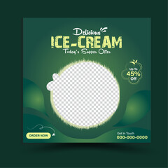 Delicious Ice Cream Summer Cool Social Media Promotion Ads Poster Flyer Leaflet Web Banner Cover Design Vector Illustration, Food Menu Vector Template. Chocolate Coated Ice Cream Cone Vanilla Filling